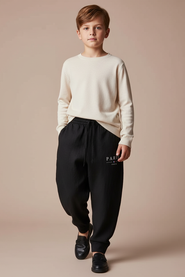 Pantalon Baggy Noir Ample Cordon Imprimé PARIS Enfant - Molleton