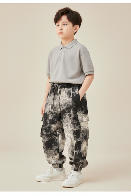 Pantalon Baggy Imprimé Tie-Dye Noir Blanc Cargo - Toile