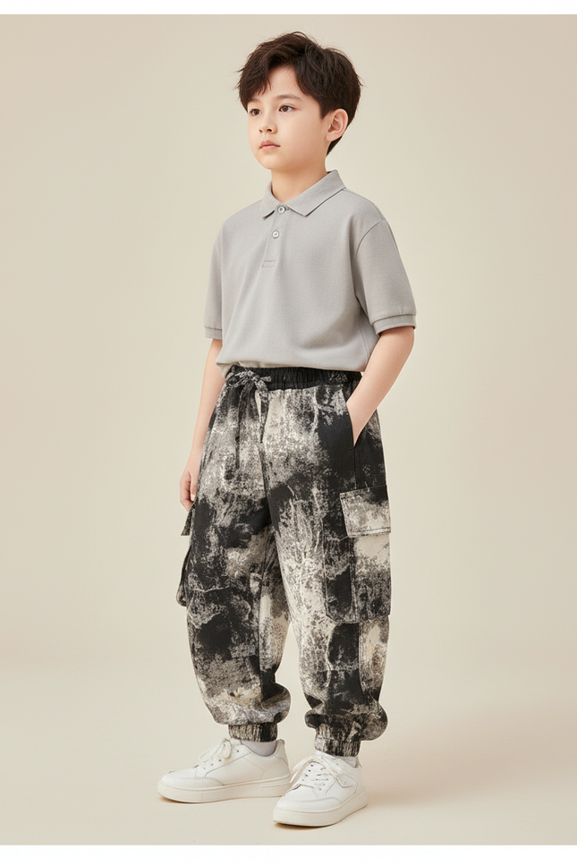 Pantalon Baggy Imprimé Tie-Dye Noir Blanc Cargo - Toile
