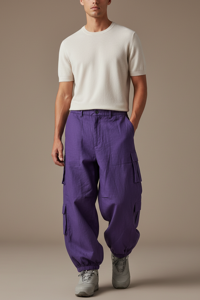 Pantalon Baggy Violet Ample Cargo Coton Décontracté Homme