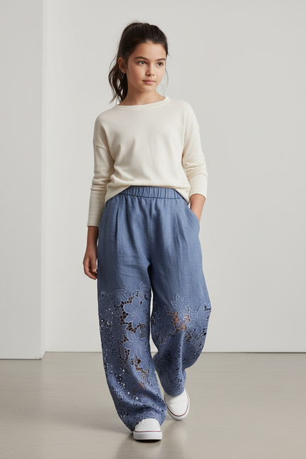 Pantalon Baggy Bleu Jean Dentelle Ample Enfant - Lin