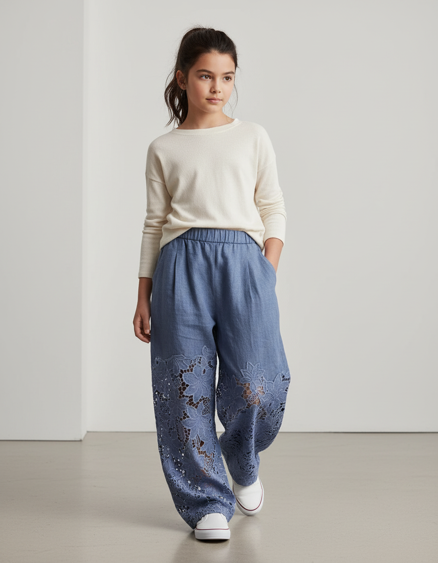 Pantalon Baggy Bleu Jean Dentelle Ample Enfant - Lin