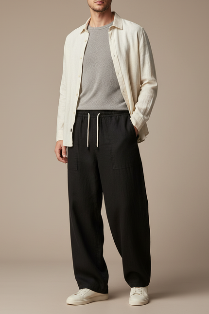 Pantalon Baggy Noir Lin Ample Décontracté Homme