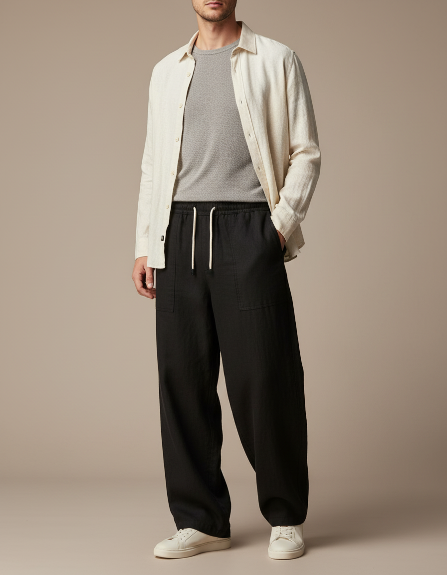 Pantalon Baggy Noir Lin Ample Décontracté Homme