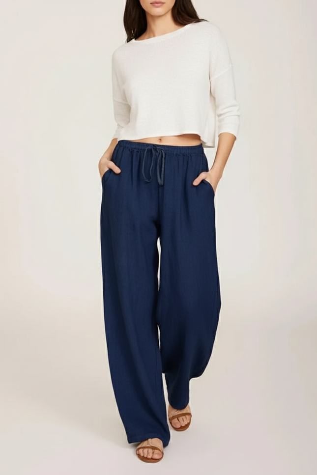 Pantalon Baggy Bleu Marine Ample Coton Lin Femme