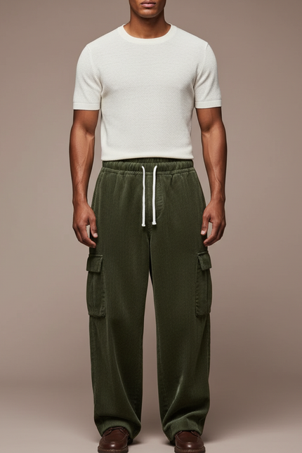 Pantalon Baggy Vert Côtelé Cargo Ample Décontracté - Cordé