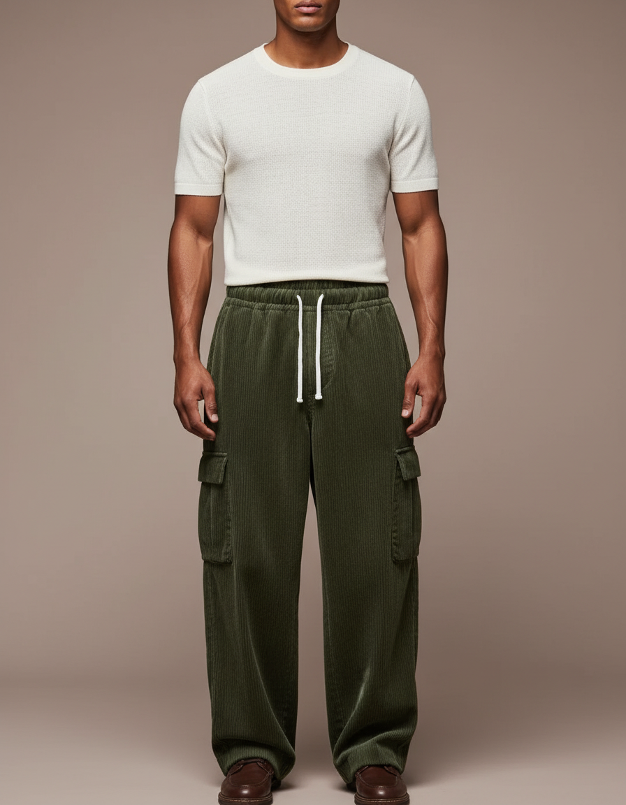 Pantalon Baggy Vert Côtelé Cargo Ample Décontracté - Cordé