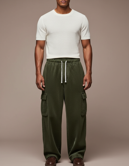 Pantalon Baggy Vert Côtelé Cargo Ample Décontracté - Cordé