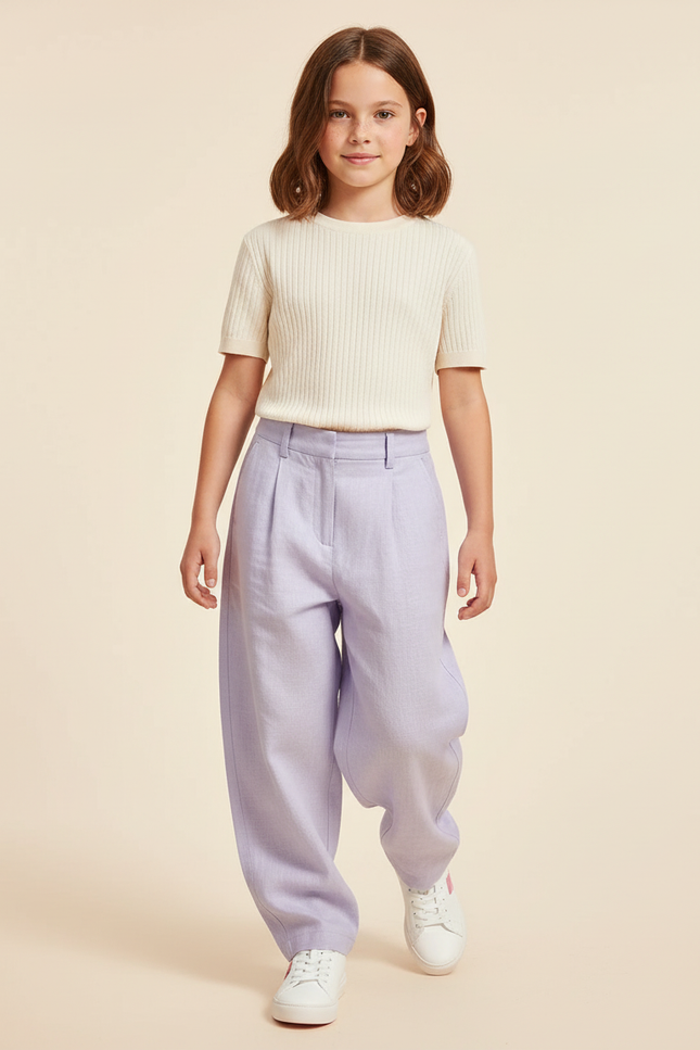 Pantalon Baggy Lilas Lin Ample Plissé Enfant - Violet