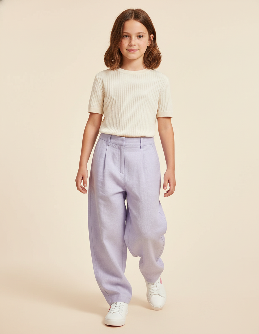 Pantalon Baggy Lilas Lin Ample Plissé Enfant - Violet