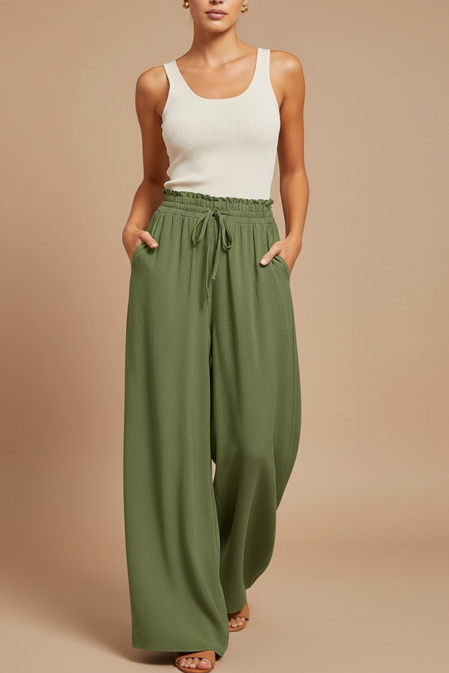 Pantalon Baggy Vert Olive Fluide Ample Taille Haute - Kaki Viscose