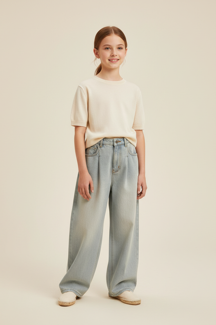 Pantalon Baggy Jean Bleu Clair Ample Plissé Fille