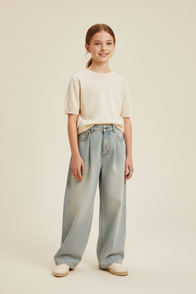 Pantalon Baggy Jean Bleu Clair Ample Plissé Fille