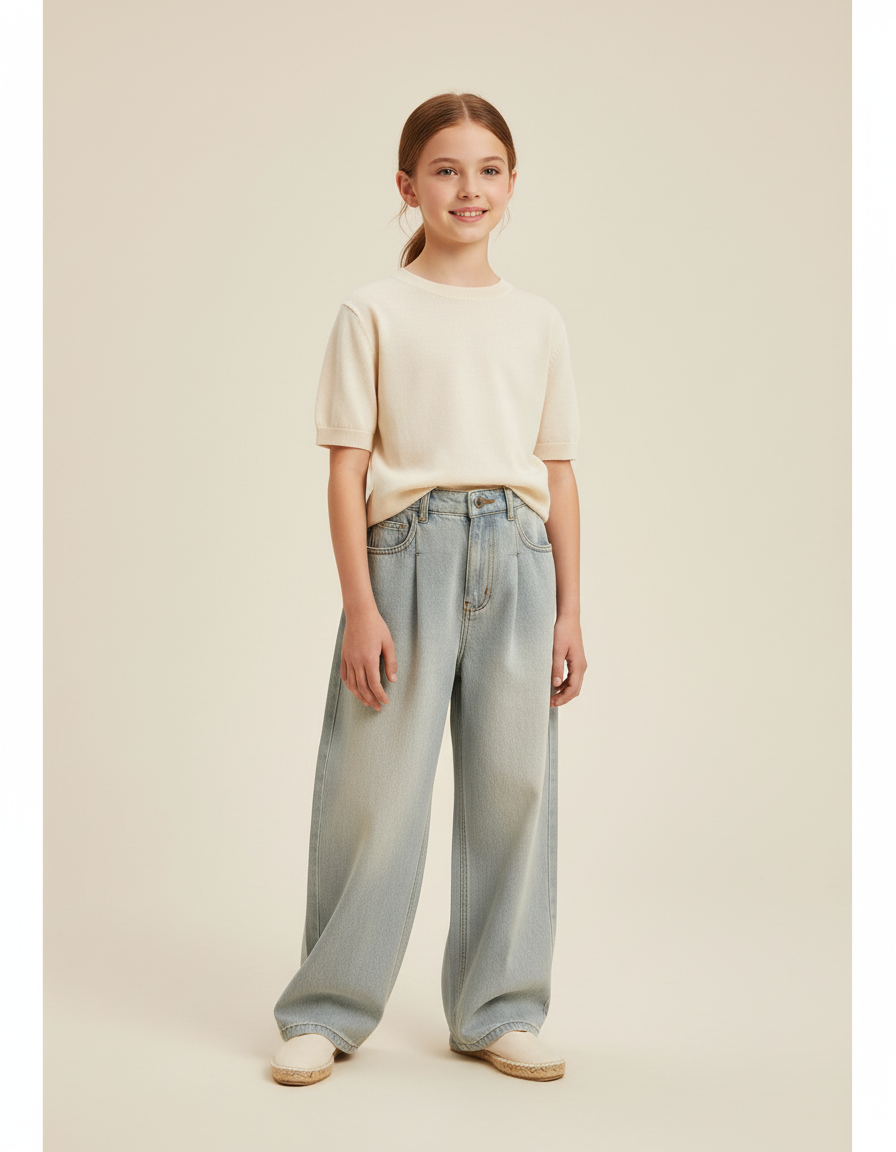 Pantalon Baggy Jean Bleu Clair Ample Plissé Fille