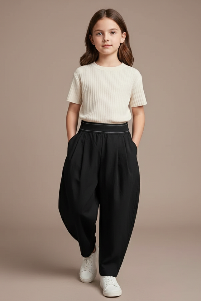 Pantalon Baggy Noir Ample Taille Élastique Fille - Polyester