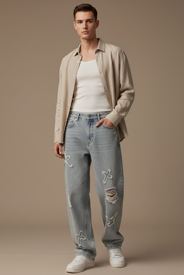 Pantalon Baggy Jean Bleu Délavé Croix Déchiré