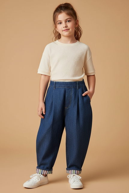 Pantalon Baggy Denim Bleu Ample Plissé Confortable - Jean