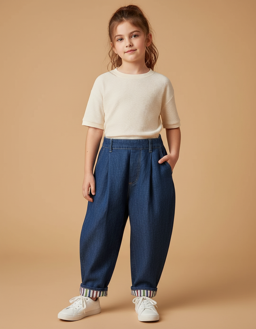 Pantalon Baggy Denim Bleu Ample Plissé Confortable - Jean