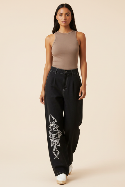 Pantalon Baggy Noir Brodé Ample Décontracté Streetwear - Jean