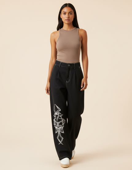 Pantalon Baggy Noir Brodé Ample Décontracté Streetwear - Jean