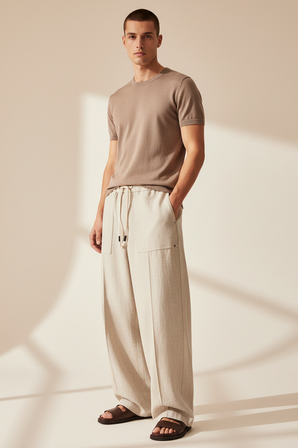 Pantalon Baggy Lin Beige Large Cordon Décontracté Homme