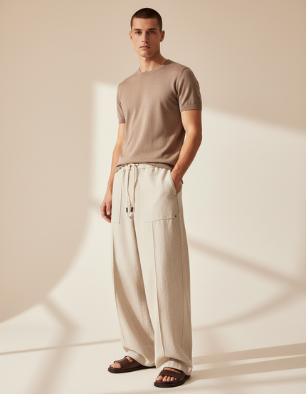 Pantalon Baggy Lin Beige Large Cordon Décontracté Homme