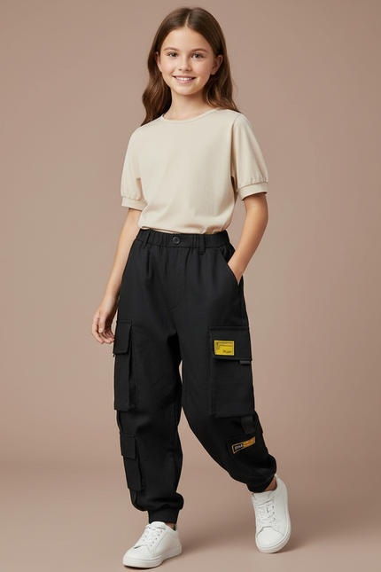 Pantalon Baggy Noir Cargo Décontracté Enfant Étiquettes - Toile