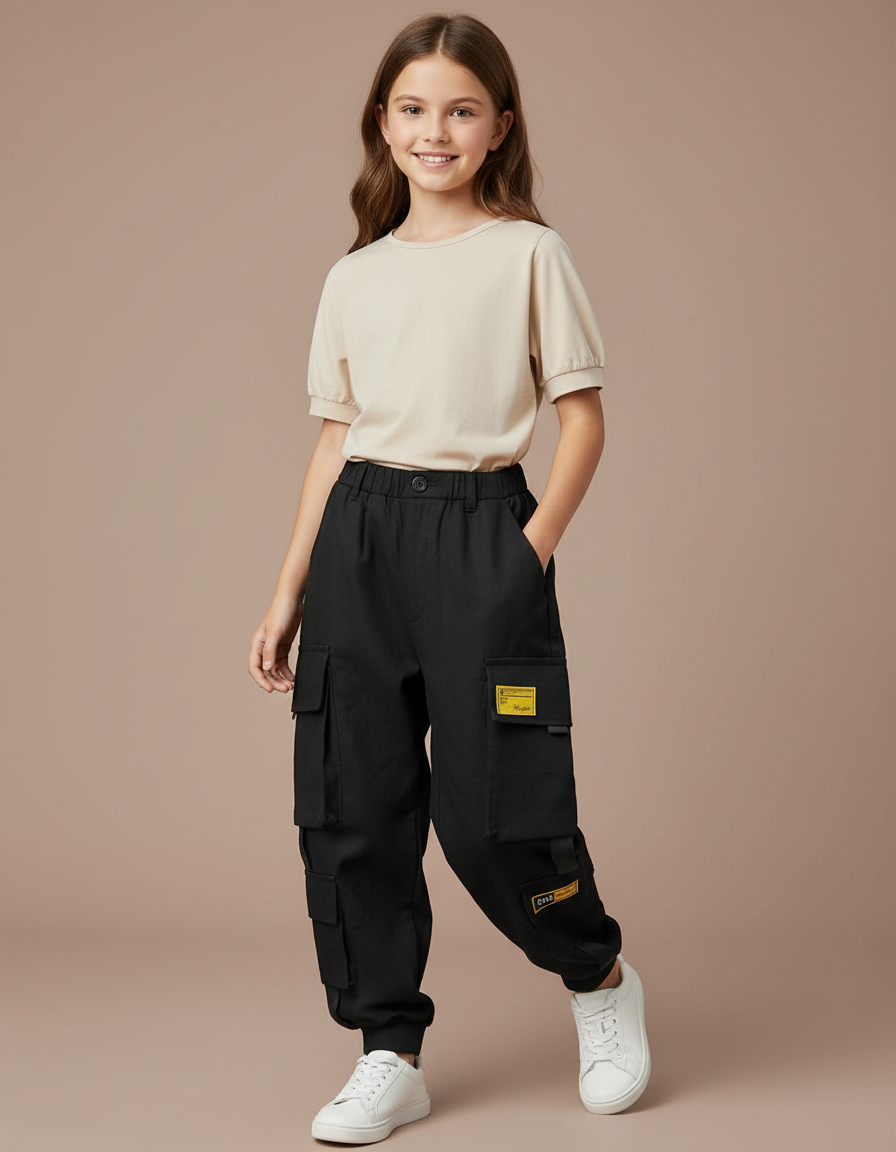 Pantalon Baggy Noir Cargo Décontracté Enfant Étiquettes - Toile