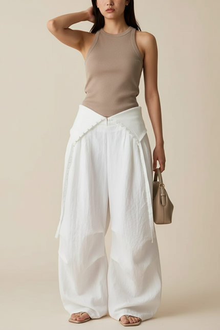 Pantalon Baggy Blanc Lin Ample Décontracté Fluide Femme
