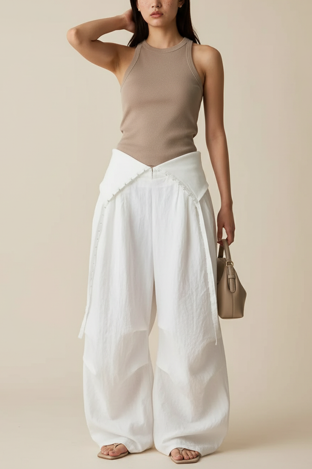 Pantalon Baggy Blanc Lin Ample Décontracté Fluide Femme