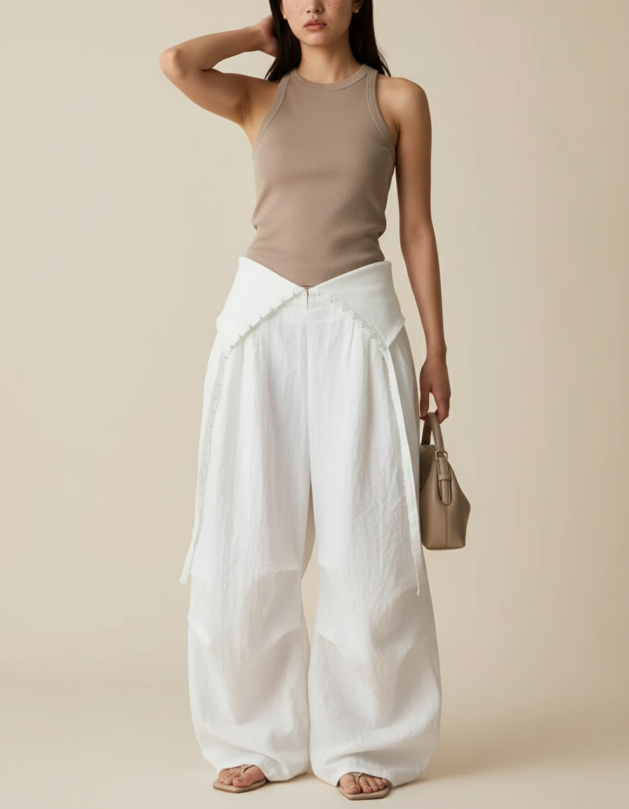 Pantalon Baggy Blanc Lin Ample Décontracté Fluide Femme