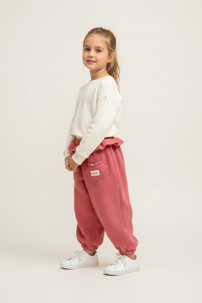 Pantalon Baggy Rose Molleton Ample Poches Cœur Enfant