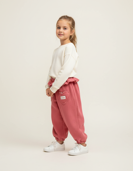Pantalon Baggy Rose Molleton Ample Poches Cœur Enfant