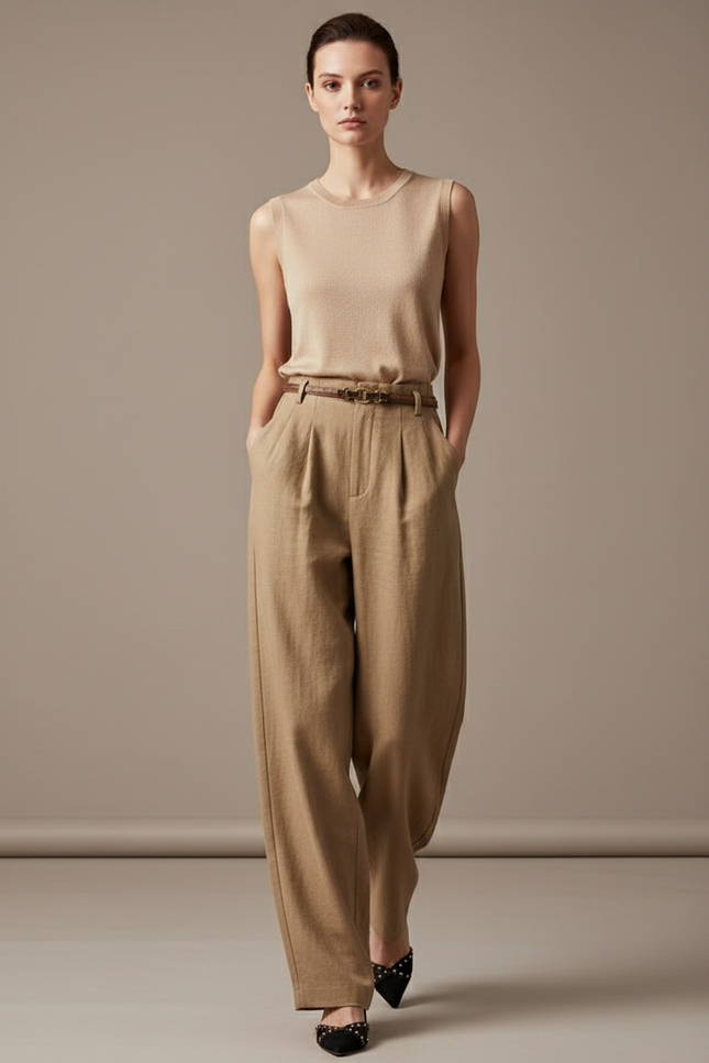 Pantalon Baggy Femme Beige Taille Haute - Camel Laine