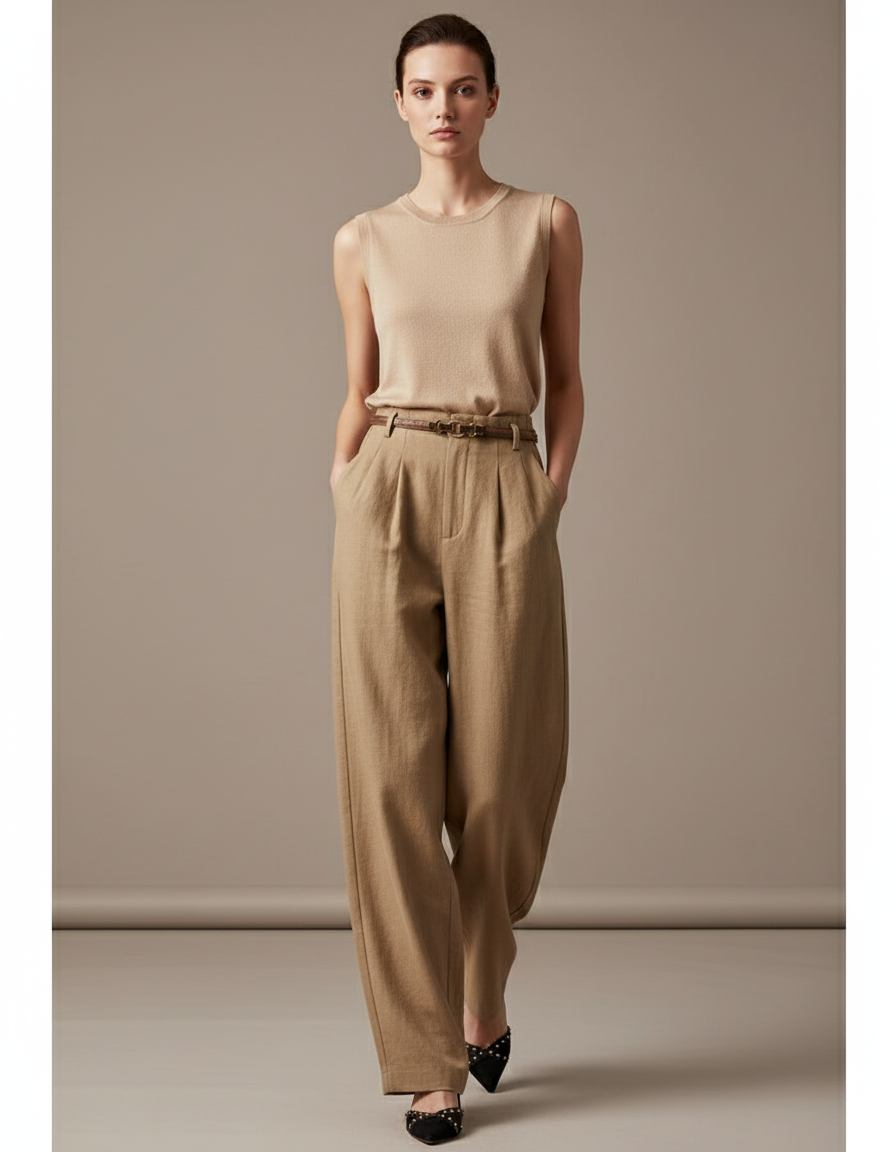 Pantalon Baggy Femme Beige Taille Haute - Camel Laine
