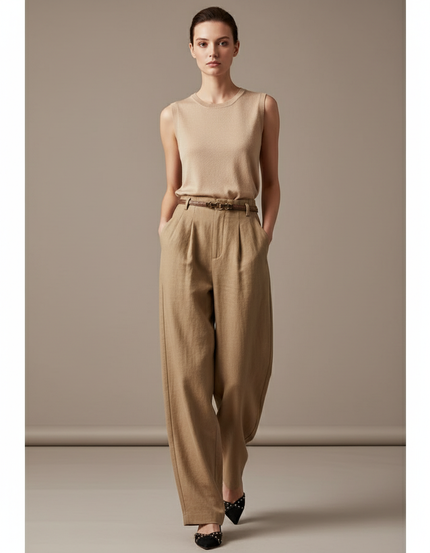 Pantalon Baggy Femme Beige Taille Haute - Camel Laine