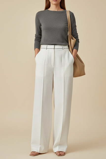 Pantalon Baggy Blanc Lin Ample Taille Haute Femme