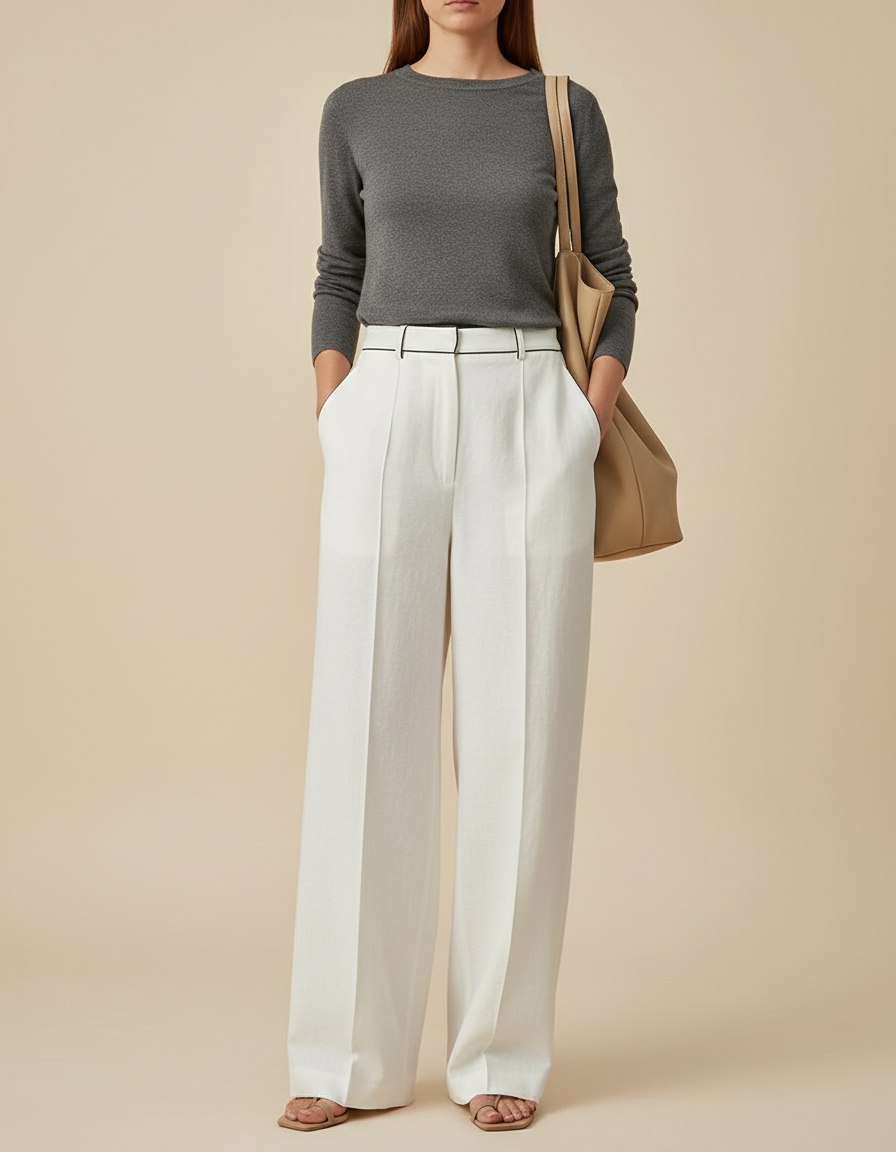 Pantalon Baggy Blanc Lin Ample Taille Haute Femme