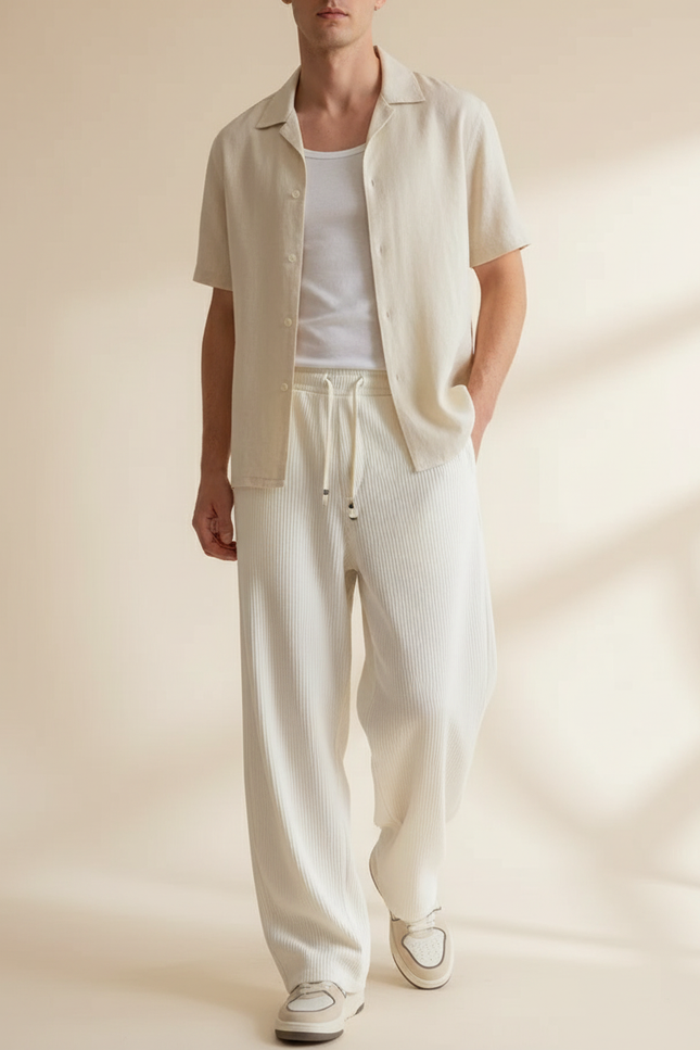 Pantalon Baggy Côtelé Ample Blanc Décontracté Homme - Cordé