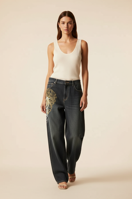 Pantalon Baggy Noir Délavé Brodé Ample Streetwear - Jean