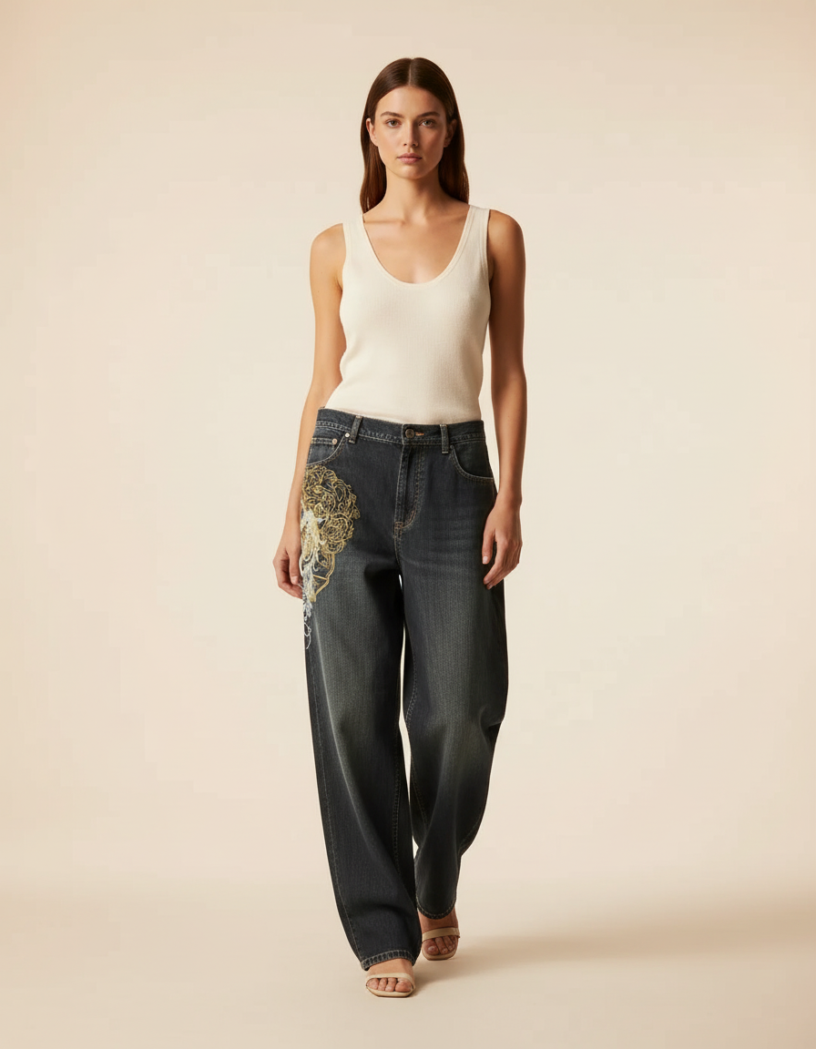 Pantalon Baggy Noir Délavé Brodé Ample Streetwear - Jean