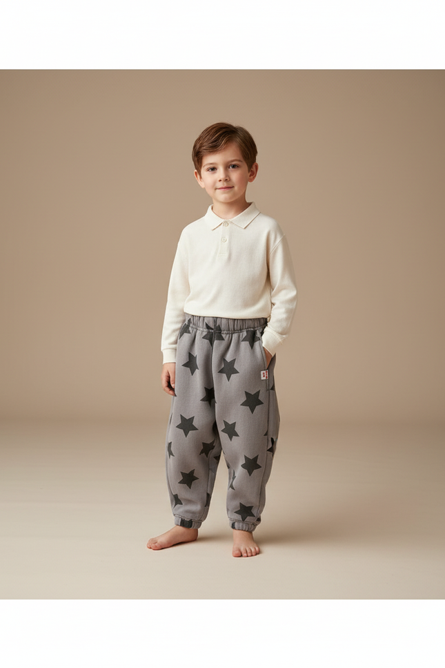 Pantalon Baggy Gris Étoiles Molleton Doux Enfant