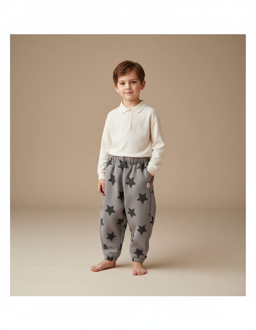 Pantalon Baggy Gris Étoiles Molleton Doux Enfant