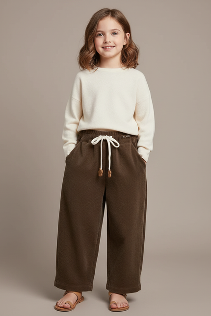 Pantalon Baggy Côtelé Marron Ample Décontracté Fille - Cordé