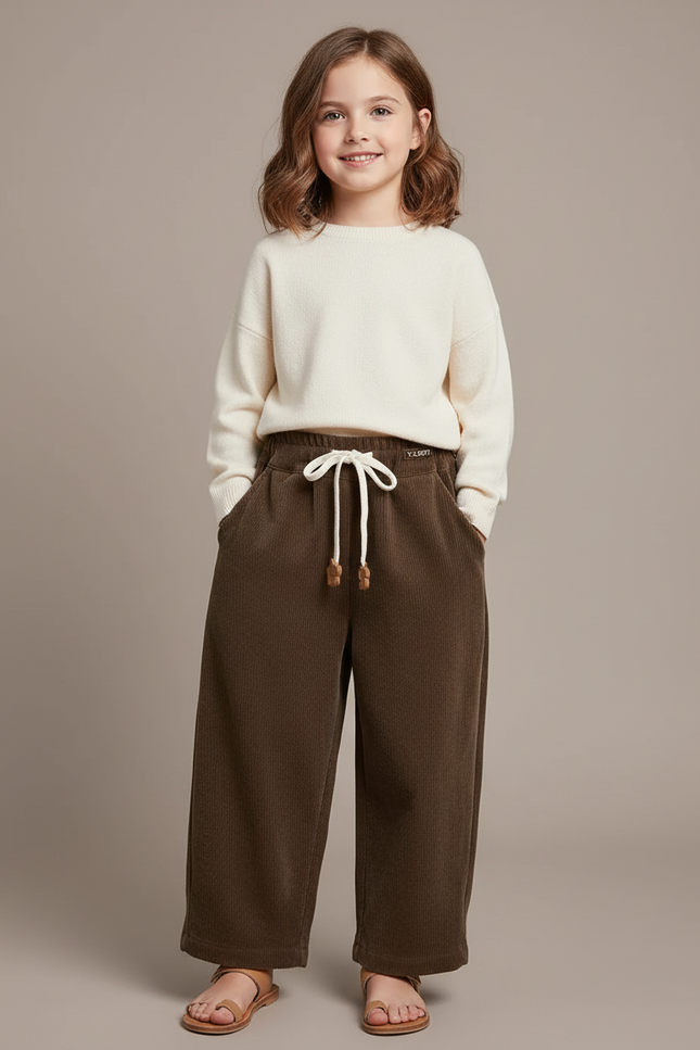Pantalon Baggy Côtelé Marron Ample Décontracté Fille - Cordé