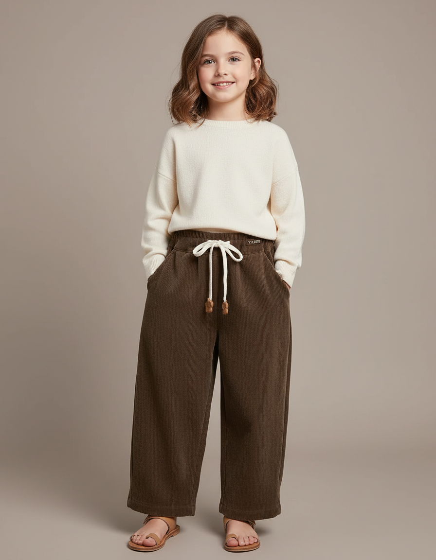 Pantalon Baggy Côtelé Marron Ample Décontracté Fille - Cordé