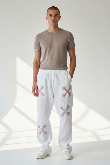 Pantalon Baggy Blanc Lin Imprimé Croix Décontracté