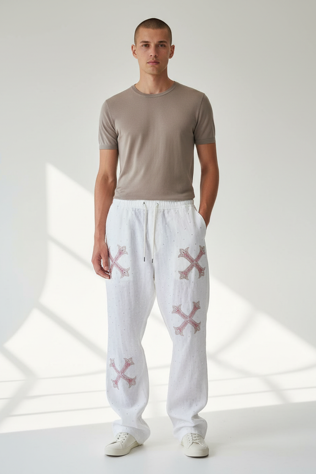Pantalon Baggy Blanc Lin Imprimé Croix Décontracté