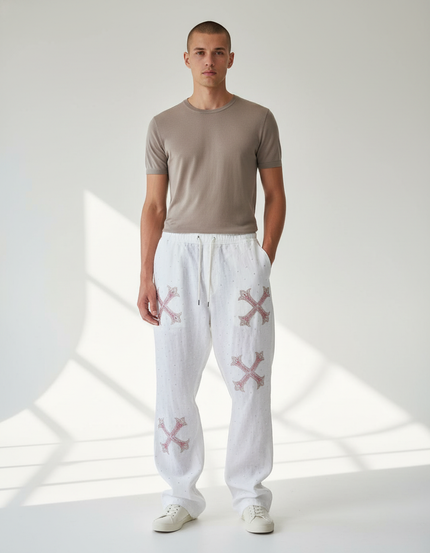 Pantalon Baggy Blanc Lin Imprimé Croix Décontracté