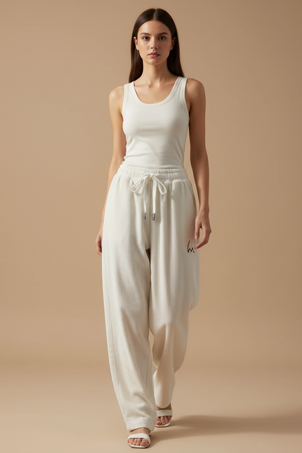 Pantalon Baggy Crème Côtelé Ample Brodé Décontracté - Beige Cordé